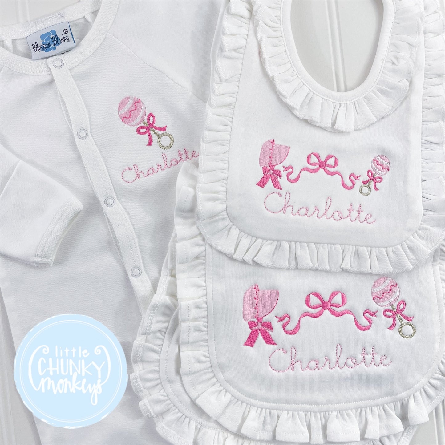 Bonnet, Bow & Rattle Bib or Burp Cloth