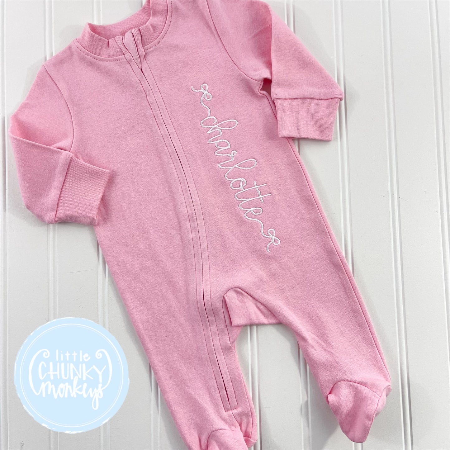 Light Pink Footed Romper - Bow Font