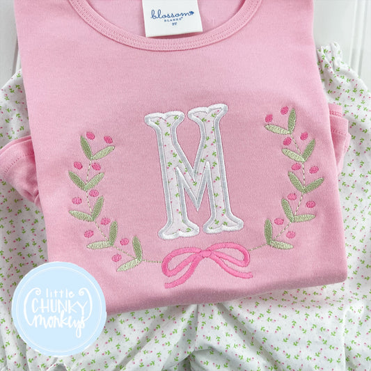Girl Shirt - Floral Frame with Applique Initial on Light Pink