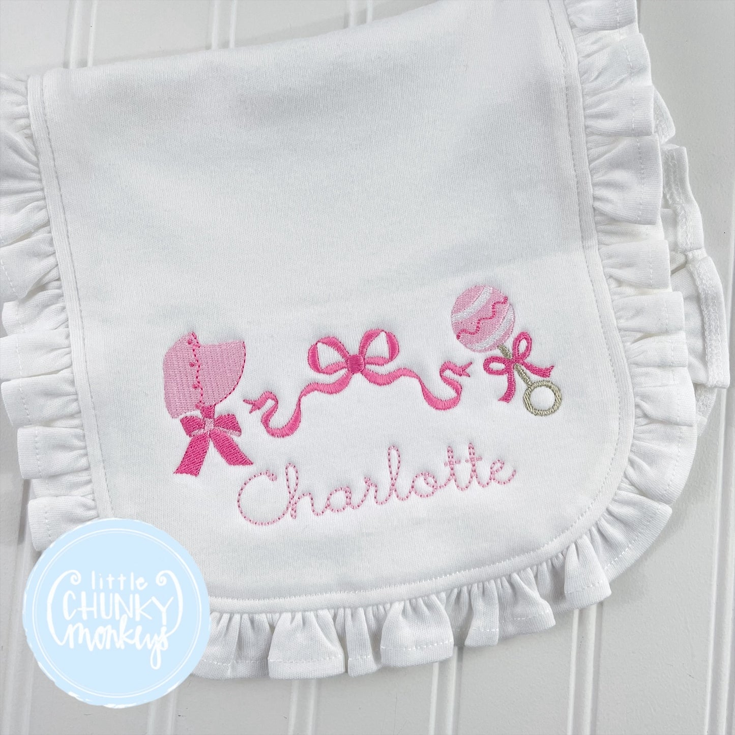 Bonnet, Bow & Rattle Bib or Burp Cloth