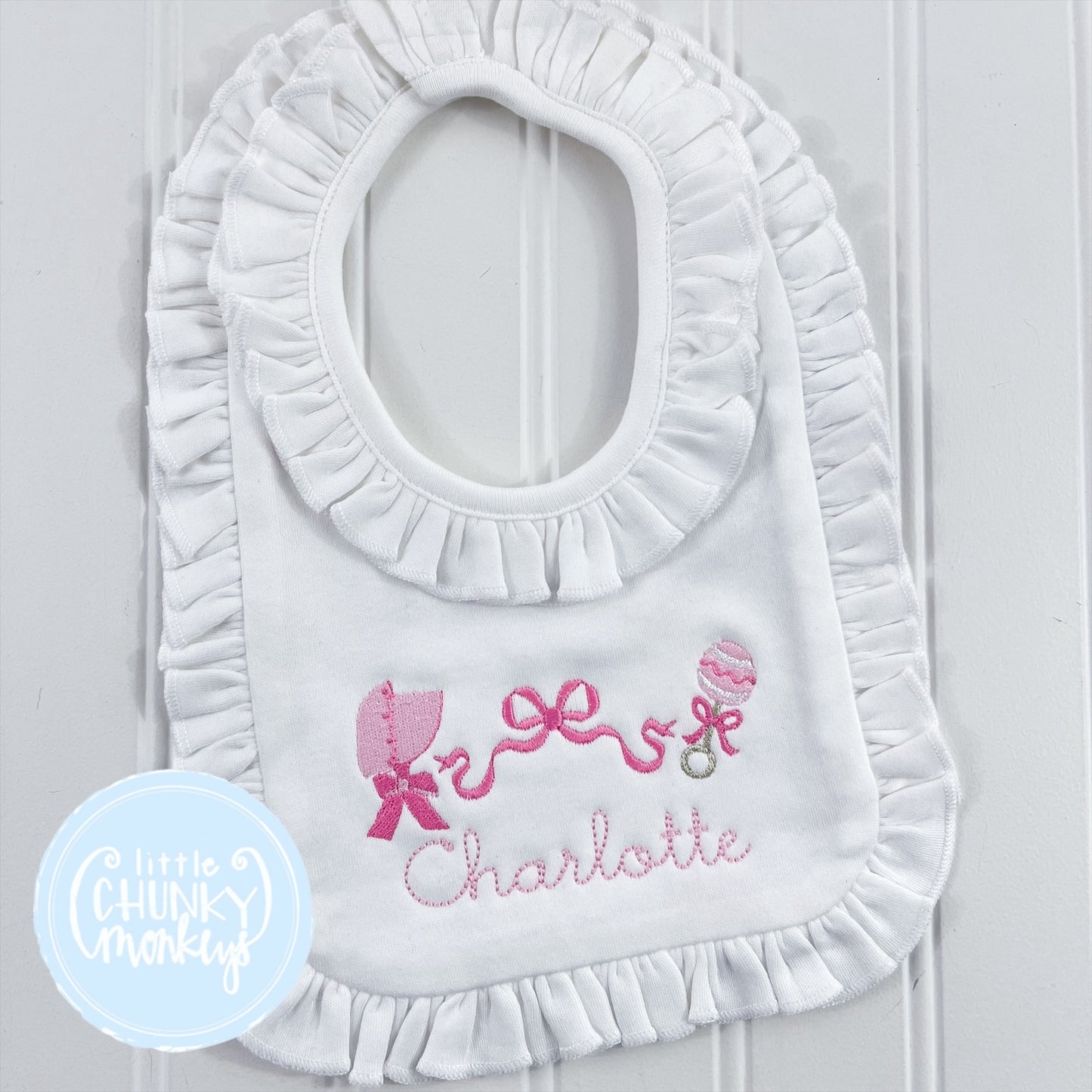 Bonnet, Bow & Rattle Bib or Burp Cloth