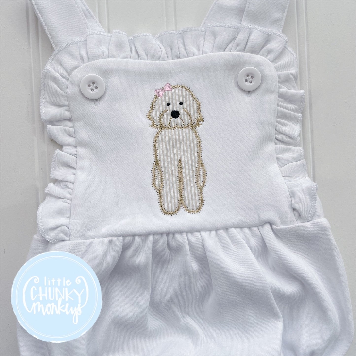 Girls Ruffle Sunsuit- Applique Goldendoodle