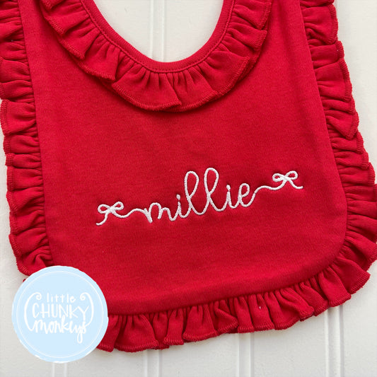 Red Ruffle Bib or Burp - Name with Bows