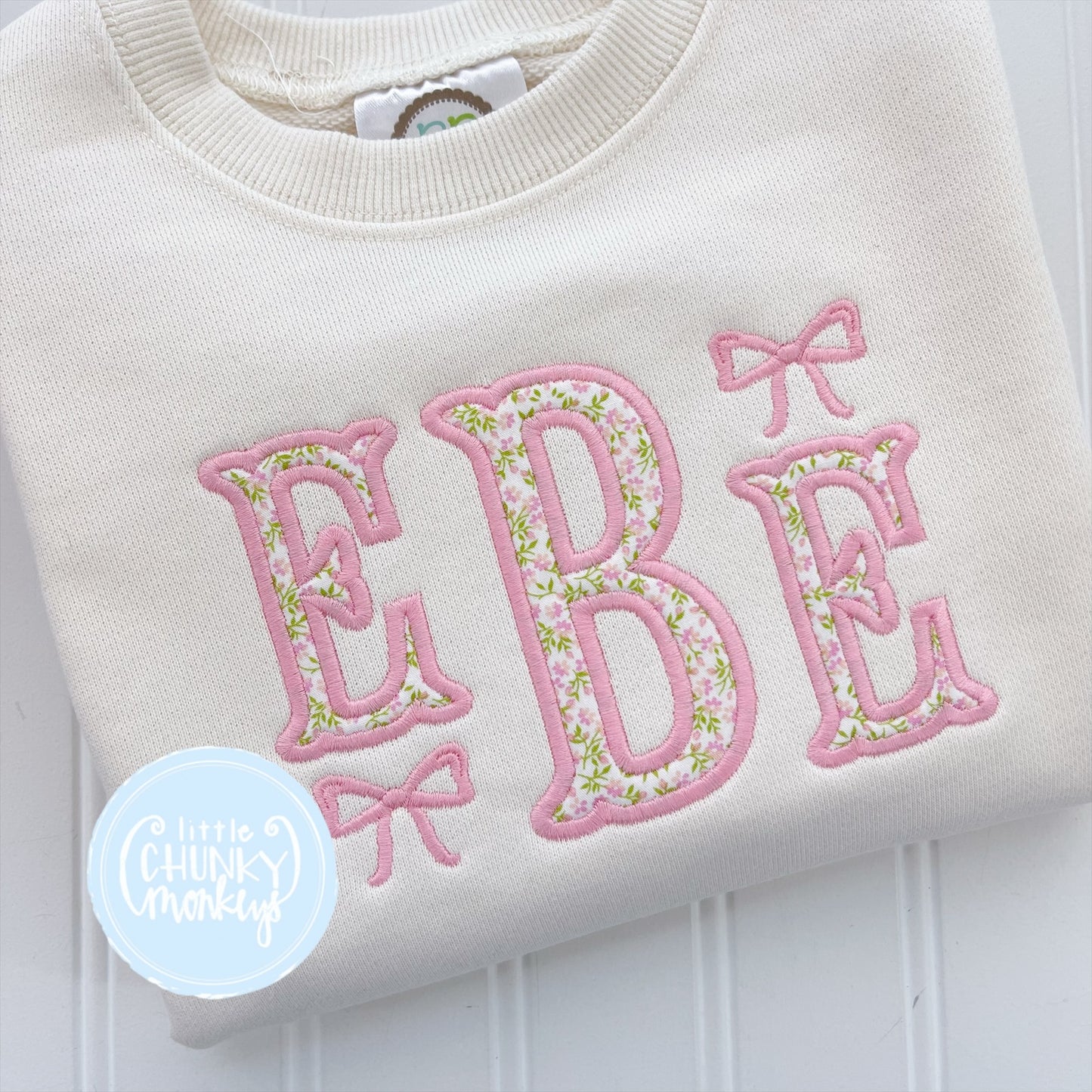 Cream Sweatshirt Bubble - Floral Applique Monogram with Bows