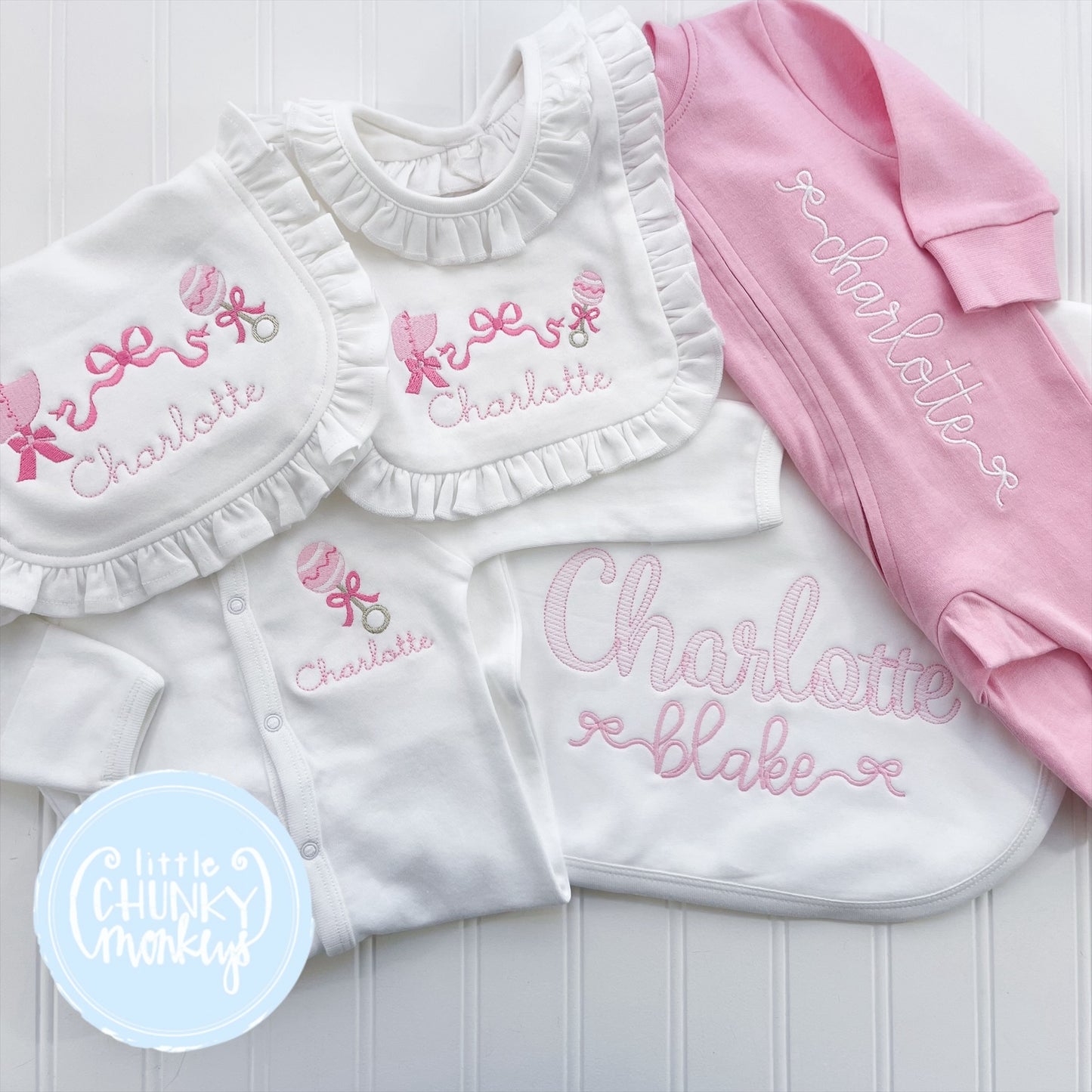 Light Pink Footed Romper - Bow Font