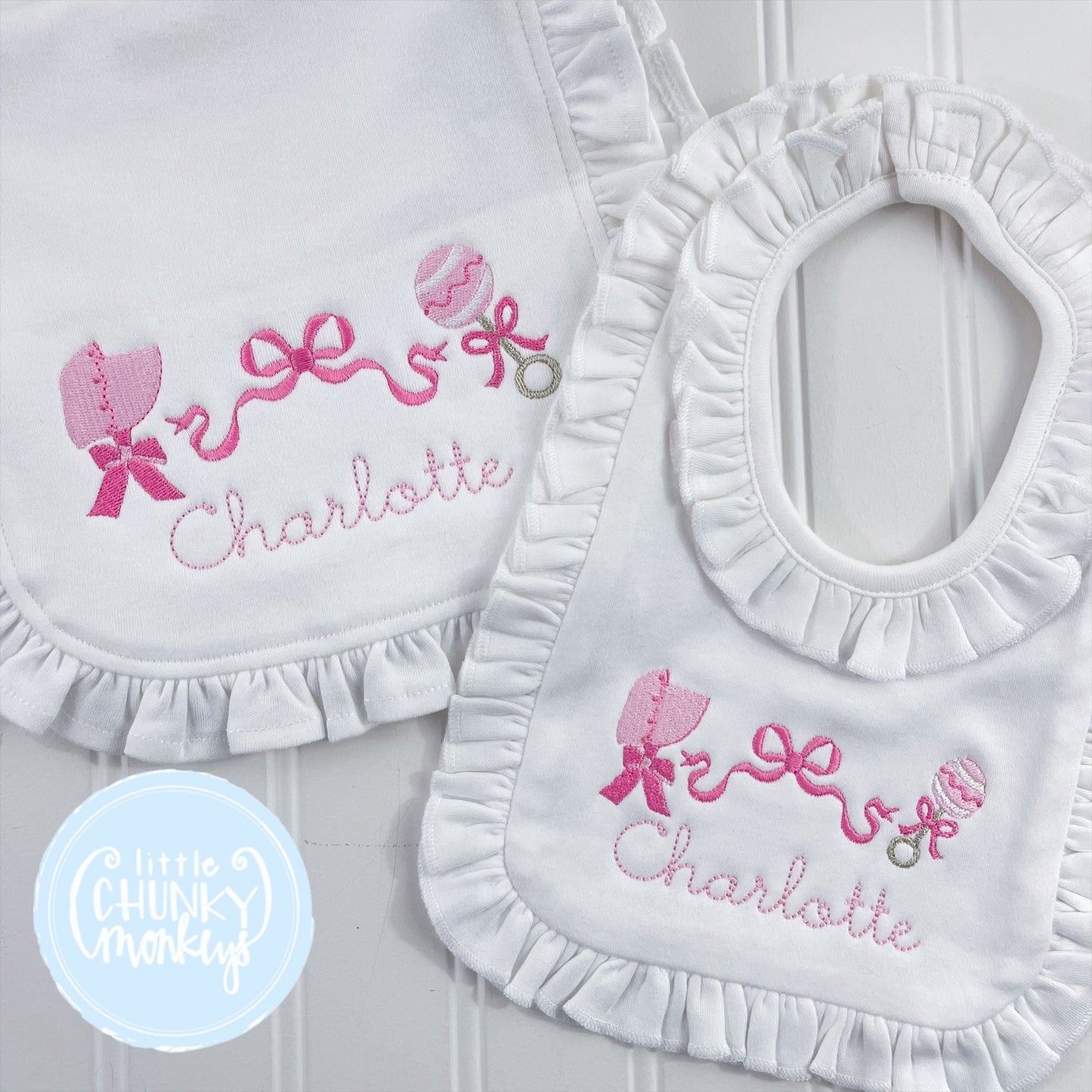 Bonnet, Bow & Rattle Bib or Burp Cloth