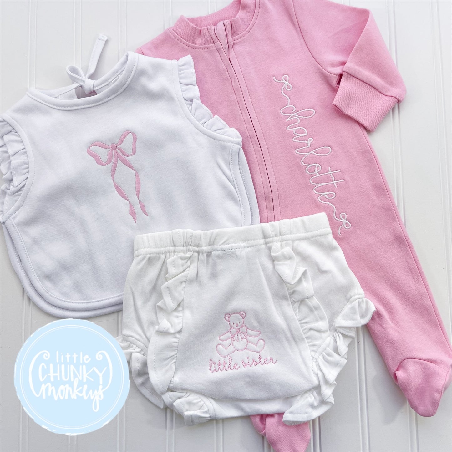 Light Pink Footed Romper - Bow Font