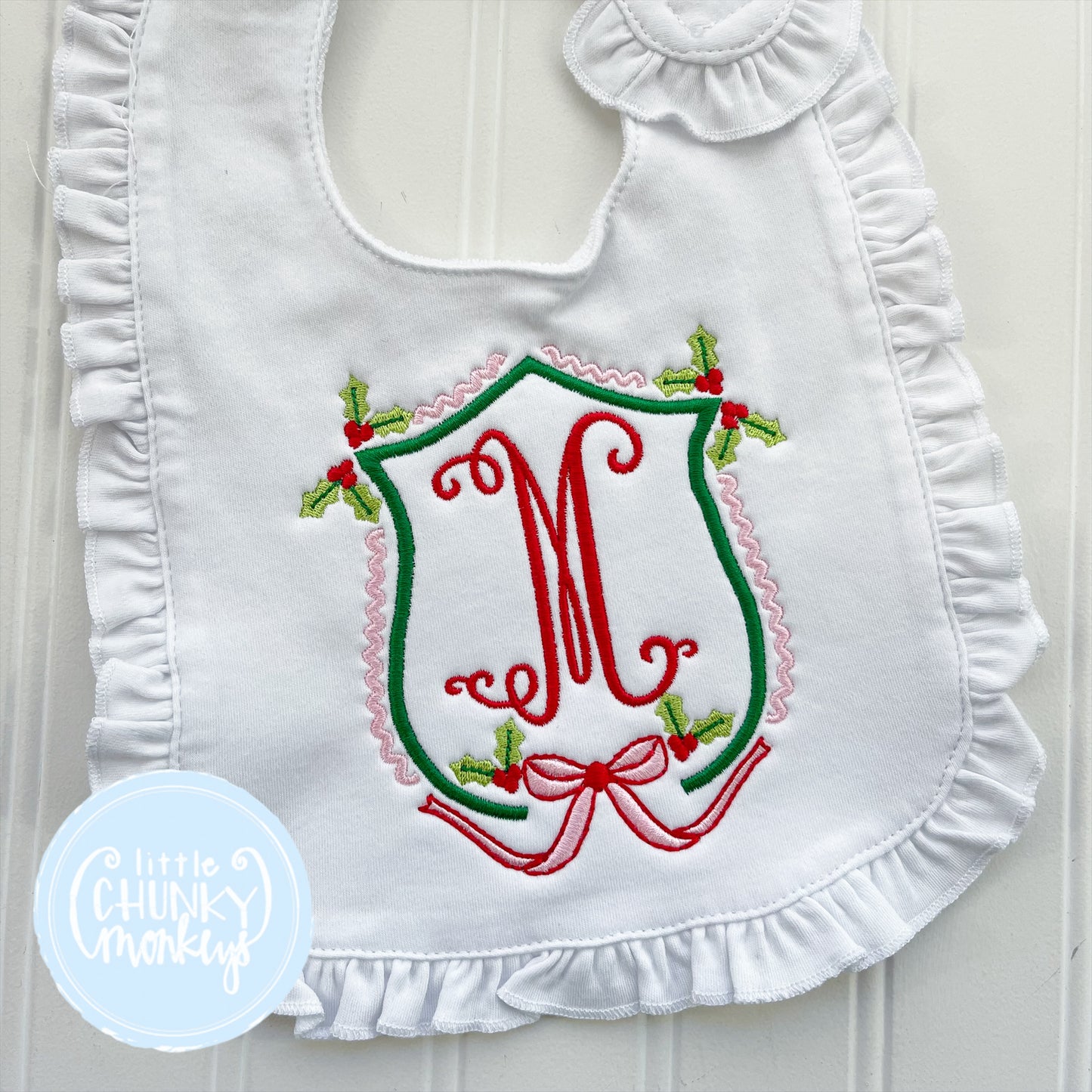 White Ruffle Bib or Burp - Holly Crest