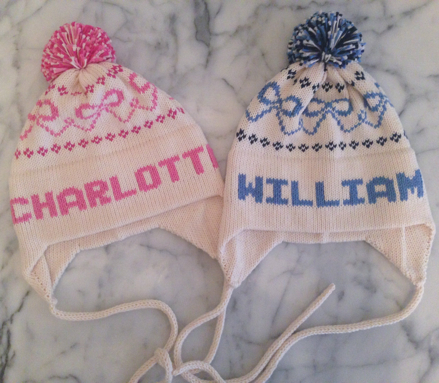 Custom Knit Bow Hat - White & Light Pink