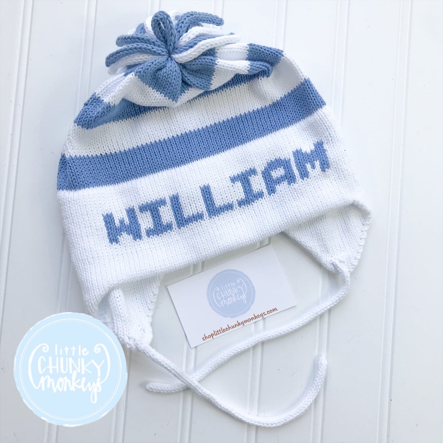 Custom Knit Stripe Hat - Bright Pink, Denim & Red