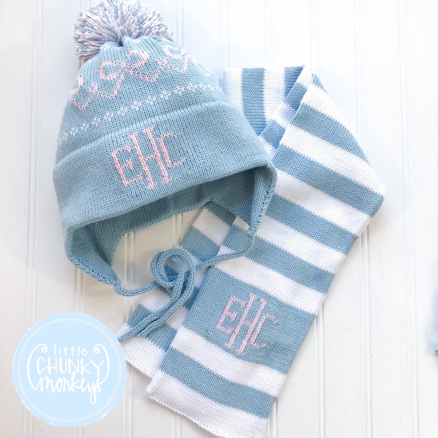 Custom Knit Bow Hat - White & Light Pink