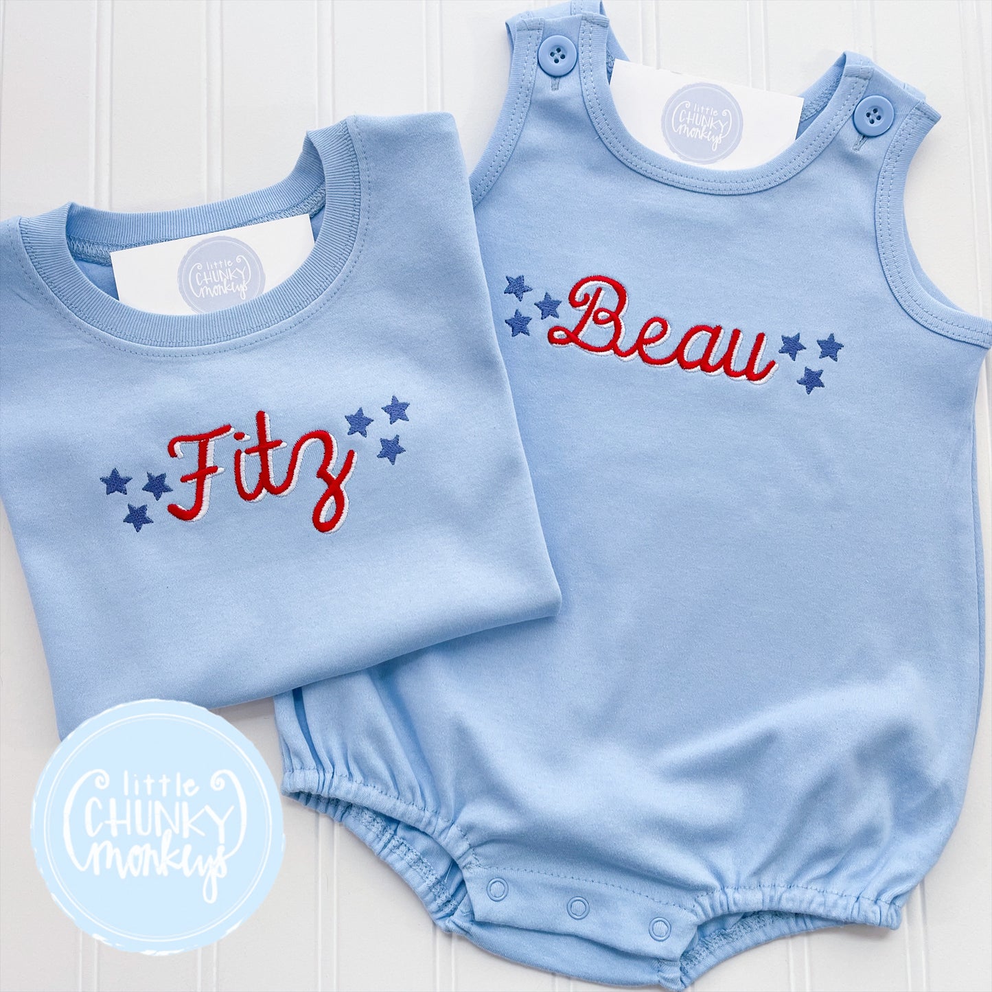 Boy Shirt- Patriotic Name and Stars Light Blue Shirt