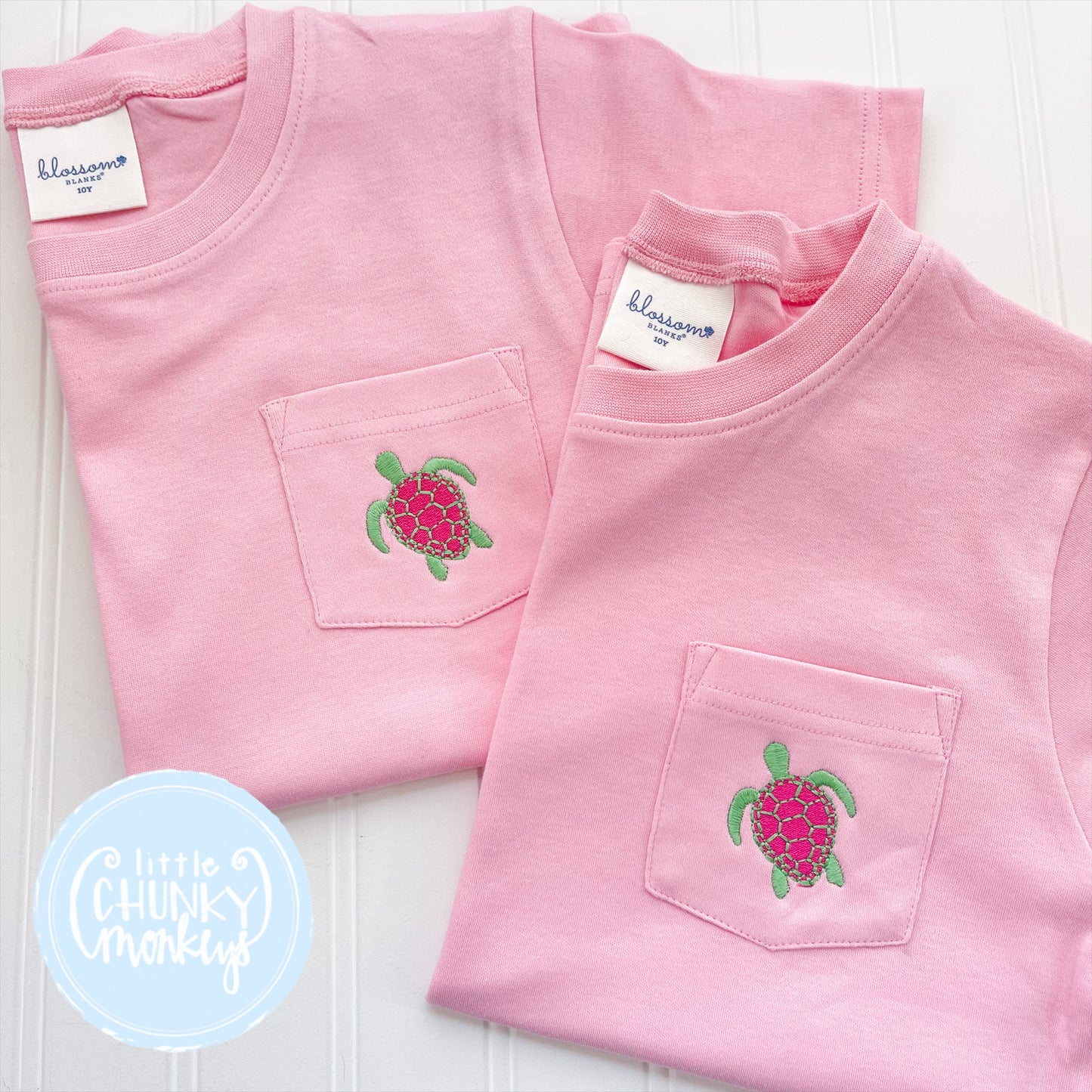 Girls Pocket Shirt - Mini Pink Sea Turtle on Light Pink