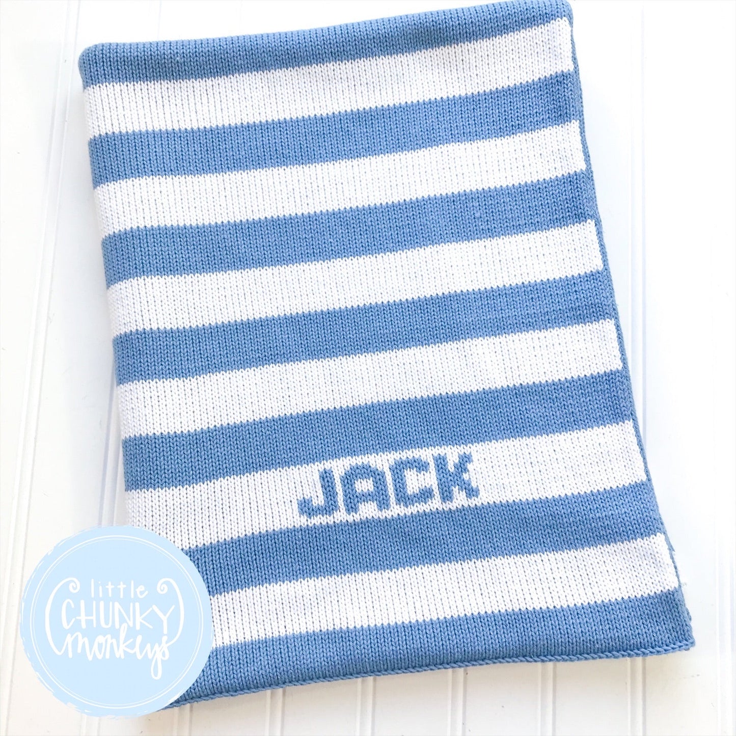 Custom Knit Stripe Stroller Blanket - Denim & White