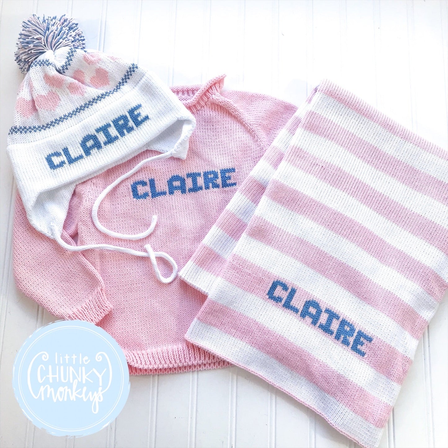 Custom Knit Stripe Stroller Blanket - Denim & White
