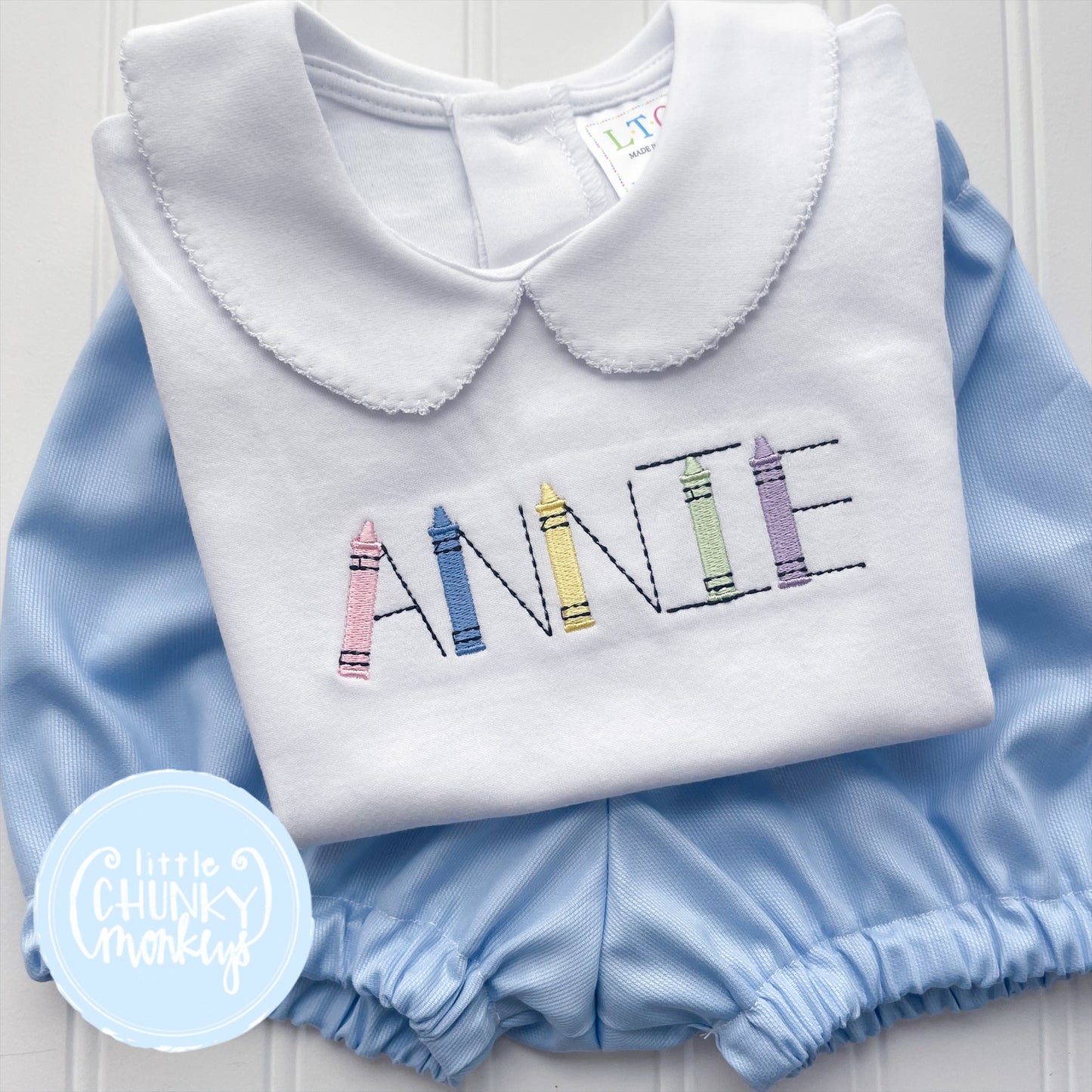 Girl Peter Pan Collar Shirt - Embroidered Crayons with Personalization