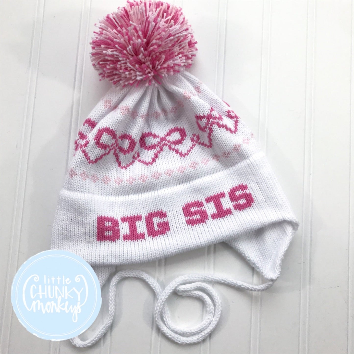 Custom Knit Bow Hat - White & Light Pink