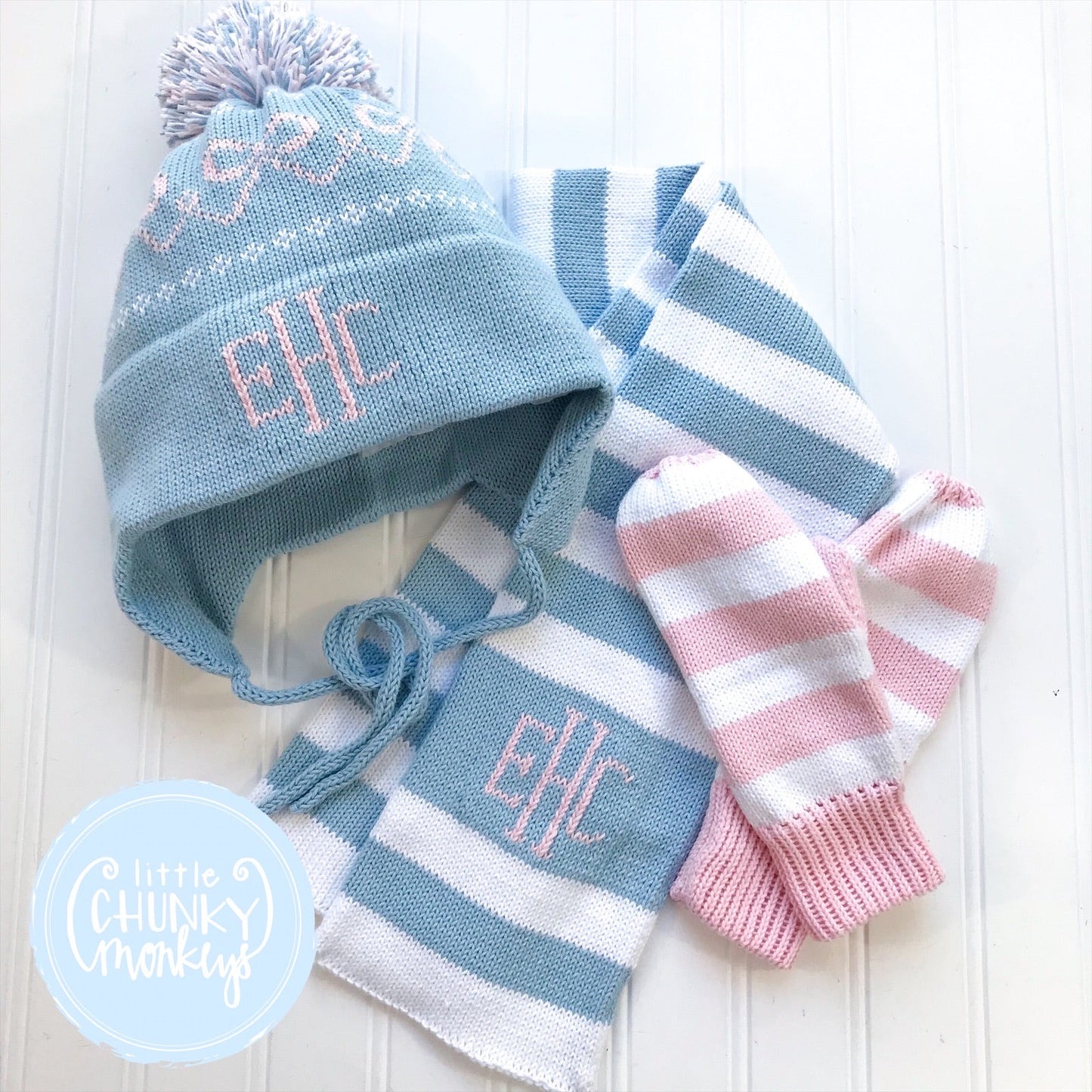 Custom Knit Bow Hat - White & Light Pink