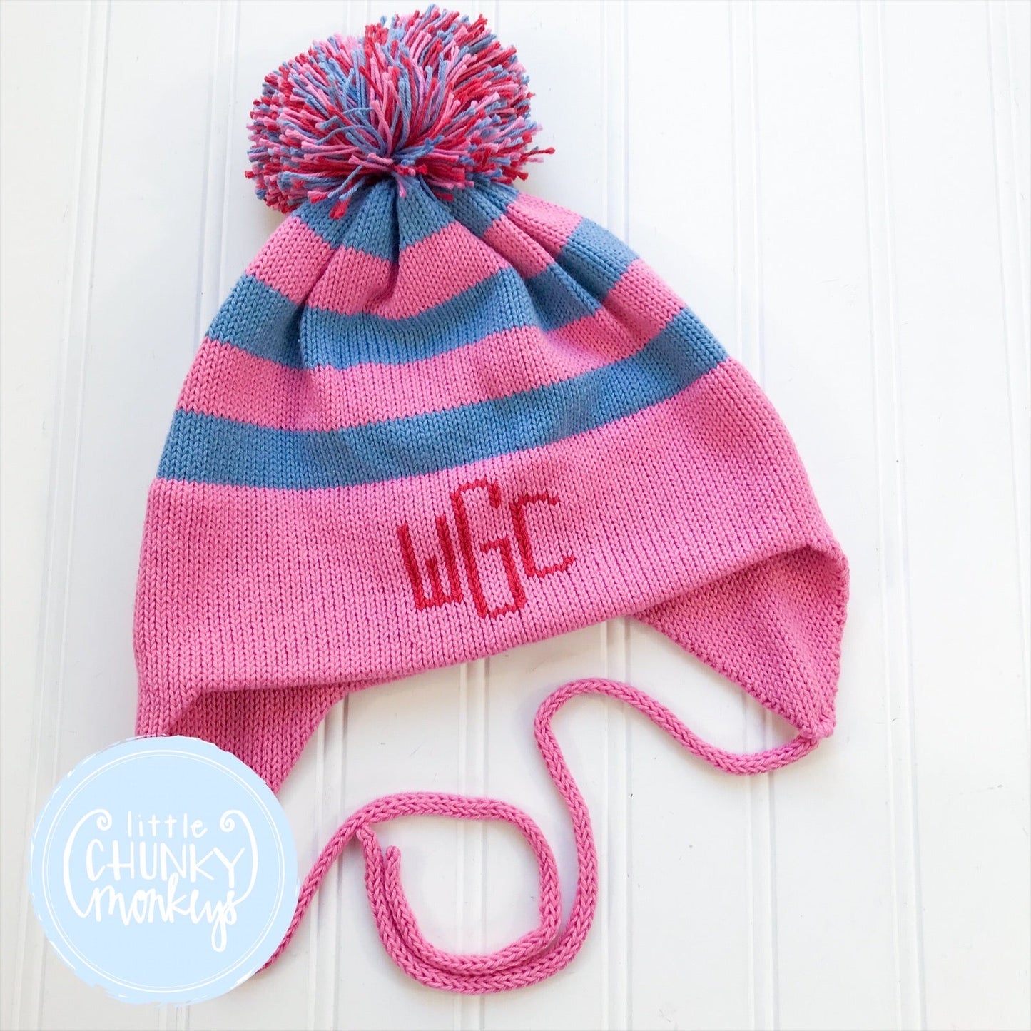 Custom Knit Stripe Hat - Bright Pink, Denim & Red