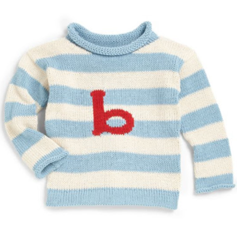 Custom Knit Stripe Letter Sweater - Natural, Denim & Red