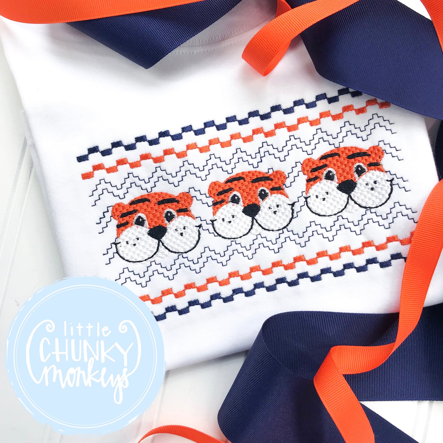 Boy Shirt - Boy Shirt - Orange and Blue Faux Smocked Tiger Trio