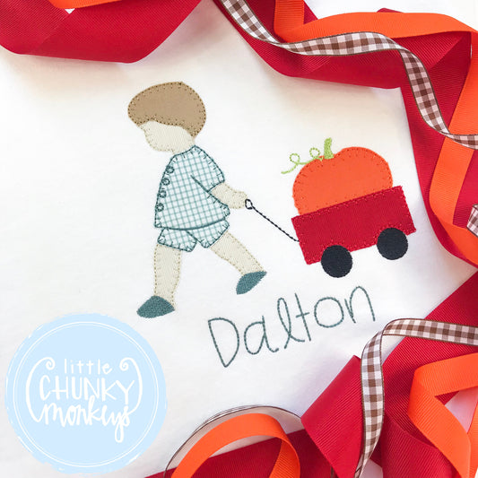 Boy Shirt -Fall- Boy Pulling Wagon with Pumpkin