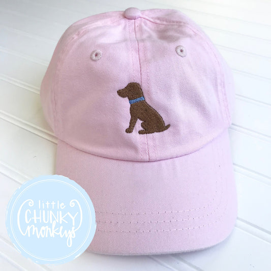 Toddler Kid Hat - Pale Pink with Sitting Chocolate Dog.