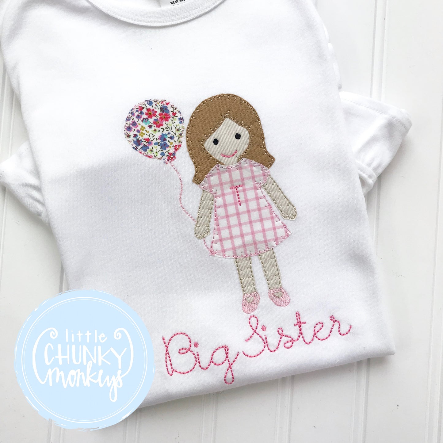 Girl Shirt - Applique Little Girl Holding Balloon with Big Sister Stitched
