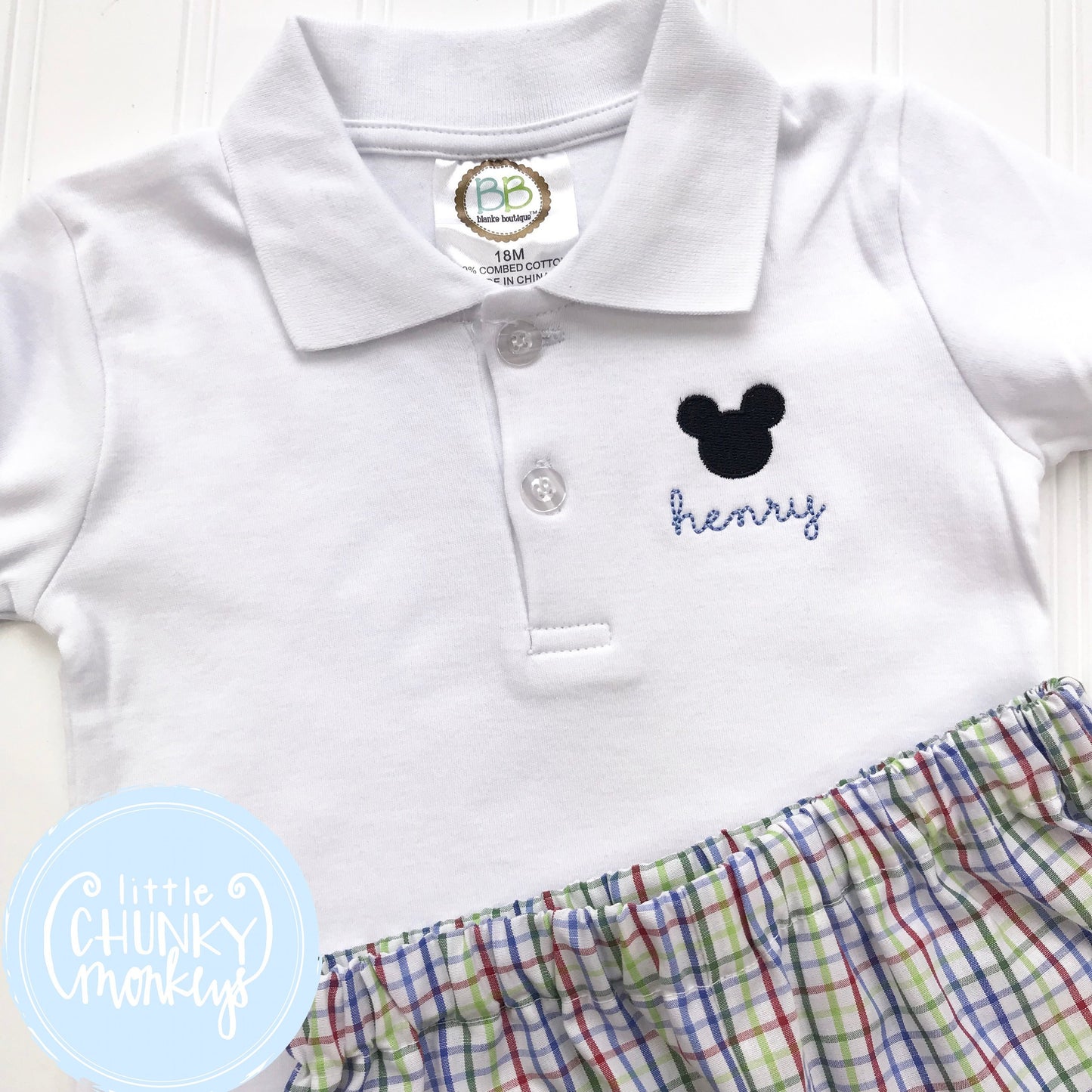 Boy Polo Shirt- Mini Mouse + Personalization on White Polo Shirt