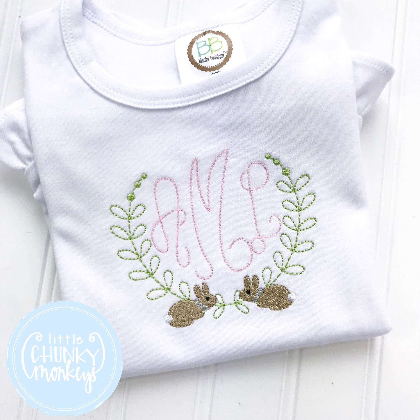 Girl Shirt - Girl Shirt - Stitched Monogram with Bunny Wreath