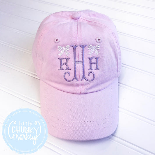 Toddler Kid Hat - Pale Pink with Lilac Monogram and Mini Bows