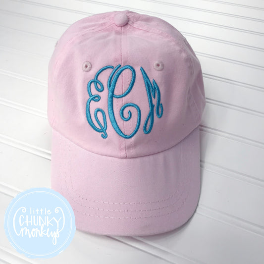 Toddler Kid Hat - Pale Pink with Turquoise Monogram