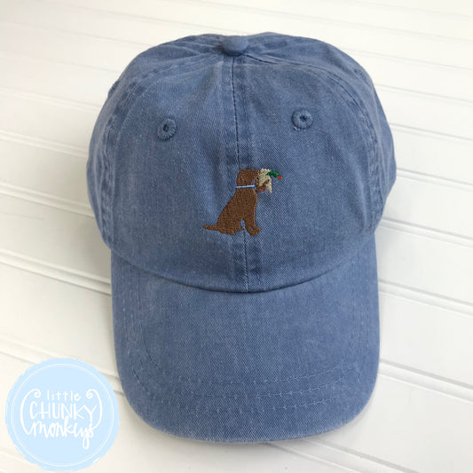 Toddler Kid Hat - Faded Baby Blue Hat with Stitched Dog with Duck in His Mouth