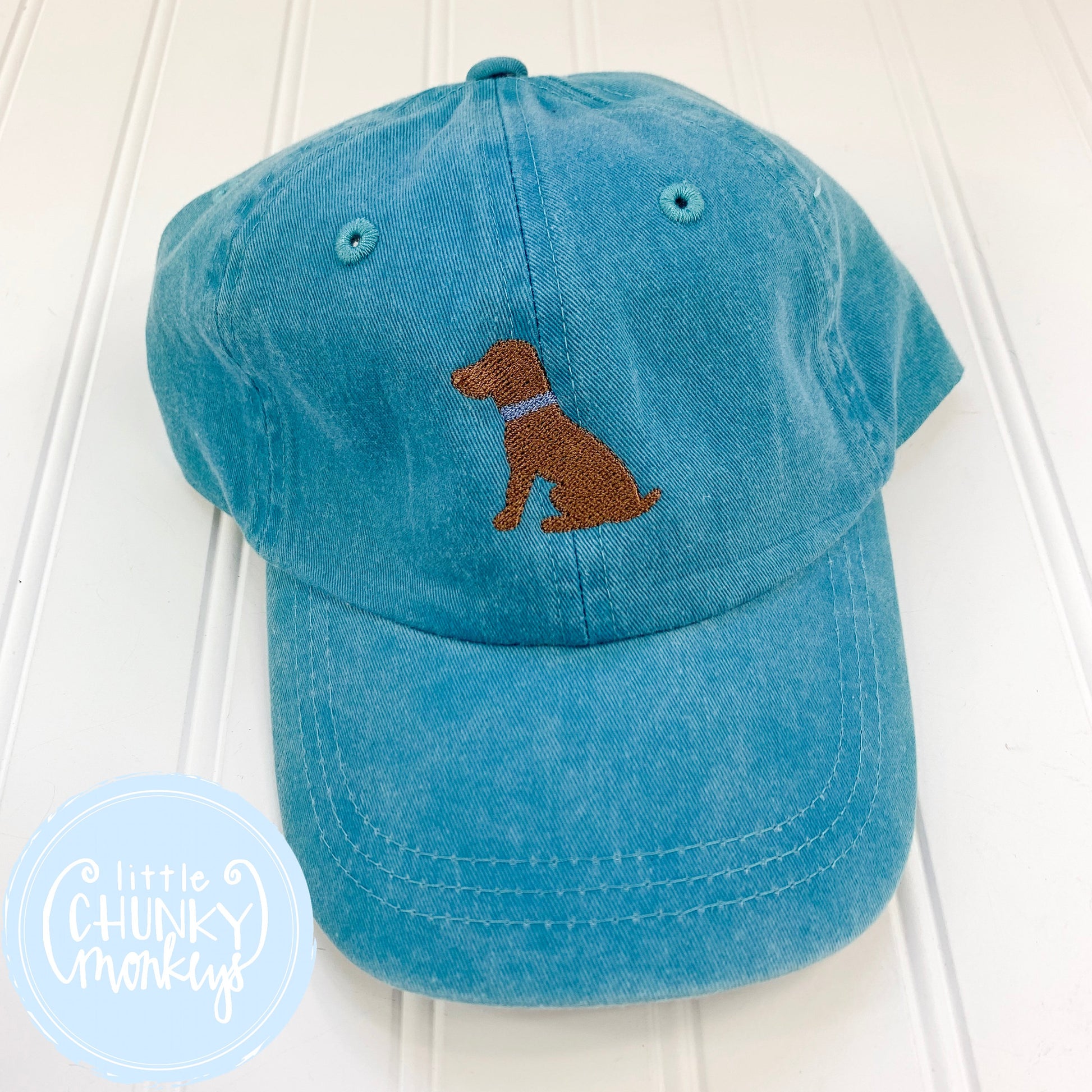 Toddler Kid Hat - Sitting Chocolate Lab Puppy on Turquoise Hat