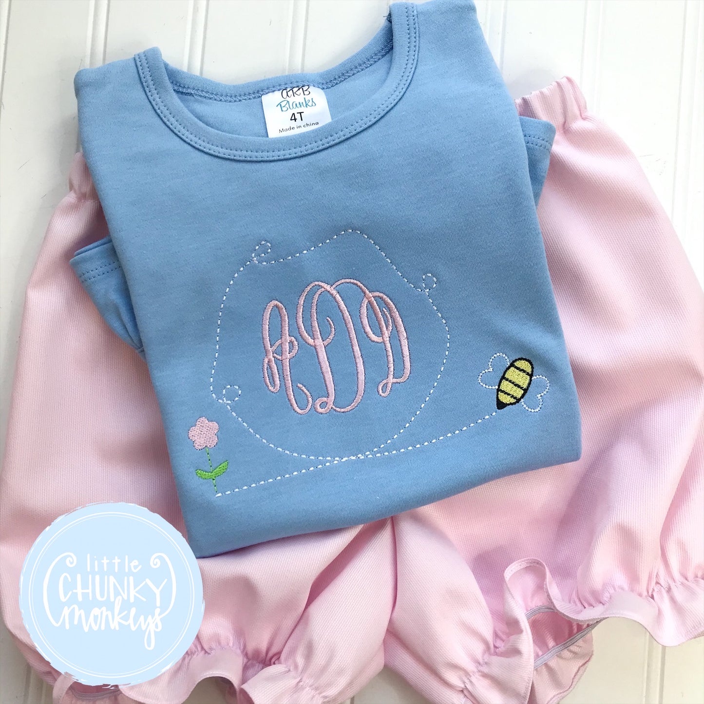 Girl Shirt - Embroidered Monogram Tee with Honey bee on Light Blue Shirt