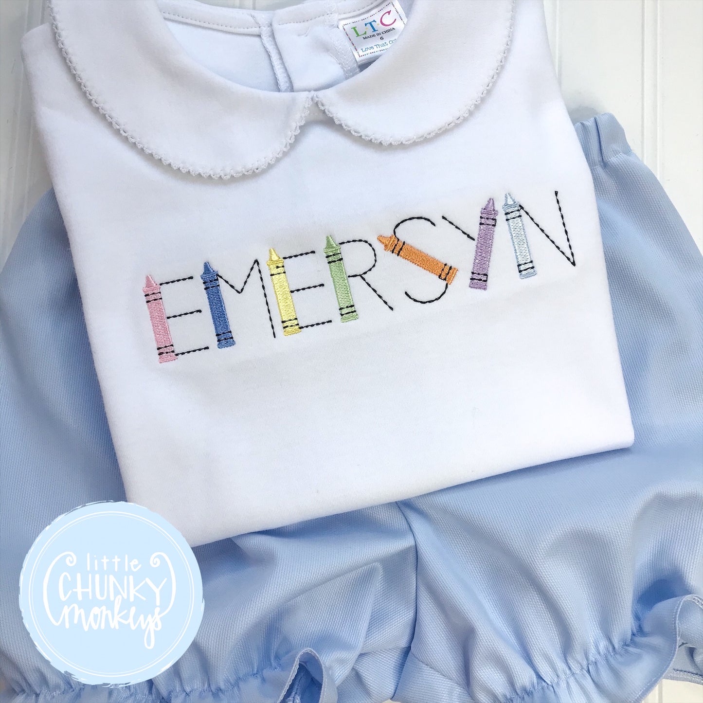 Girl Peter Pan Collar Shirt - Embroidered Crayons with Personalization