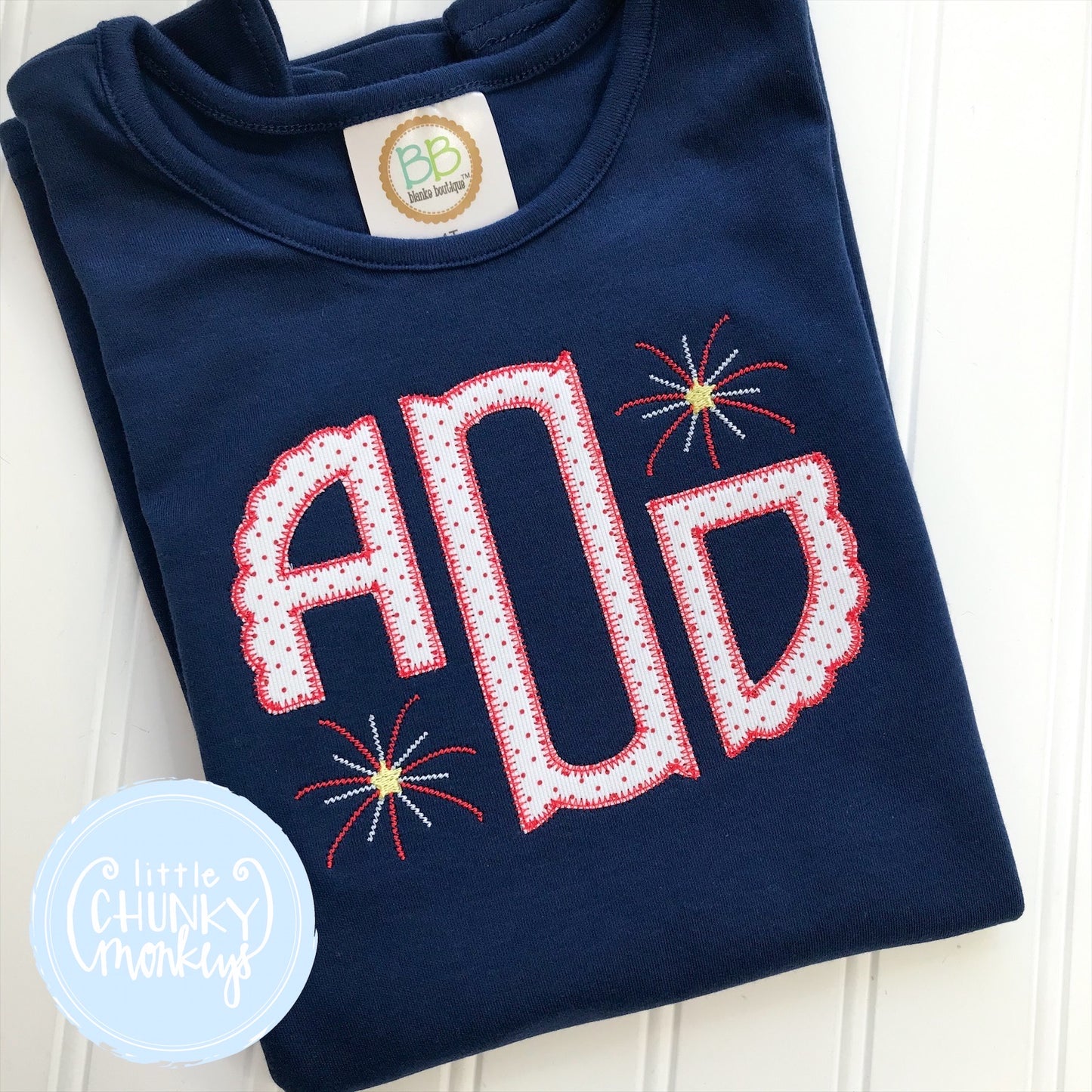 Girl Shirt- Scalloped Monogram Applique with fireworks on Navy Shirt