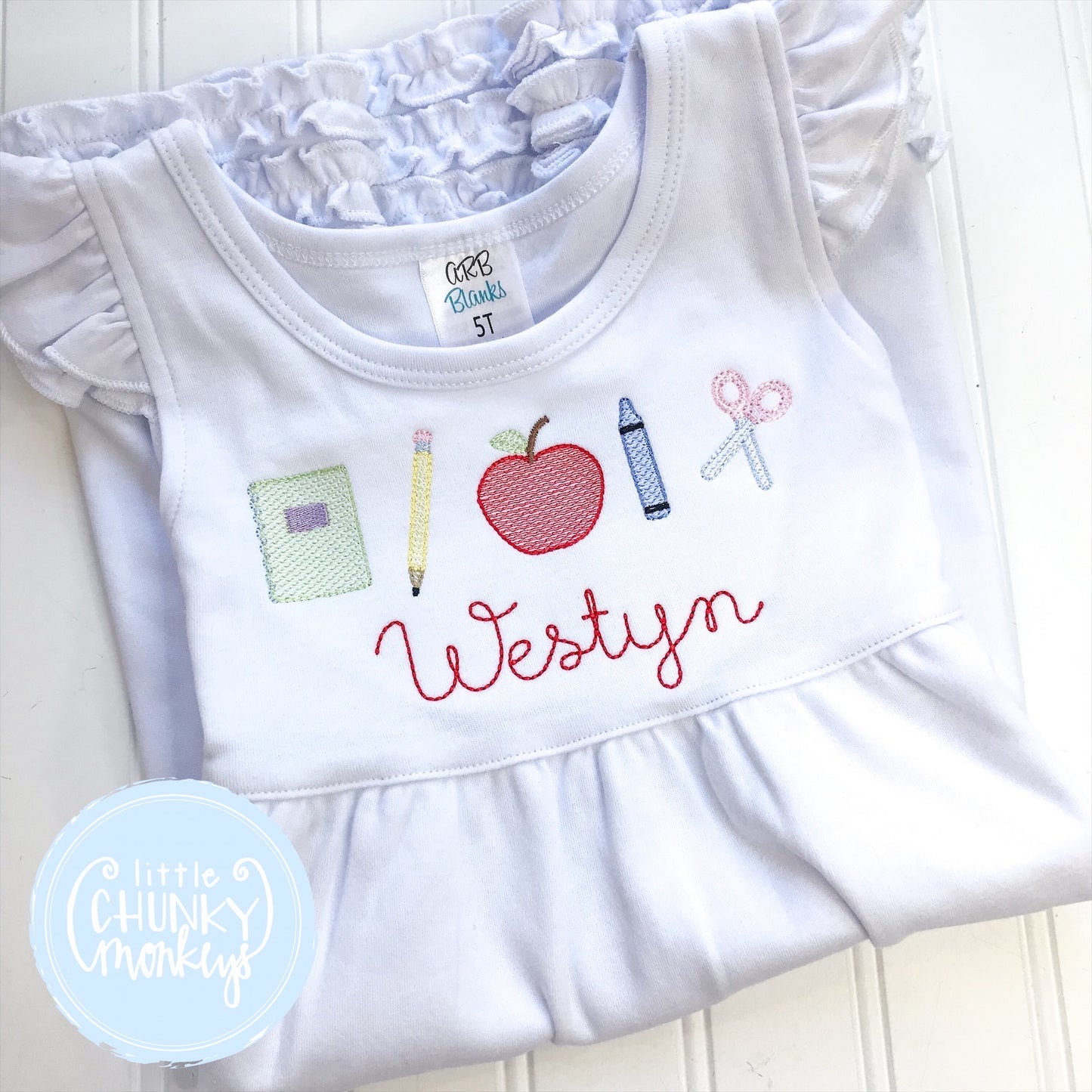 Girls Dress - Embroidered Back to School and Personalization on White Short Sleeve Dress