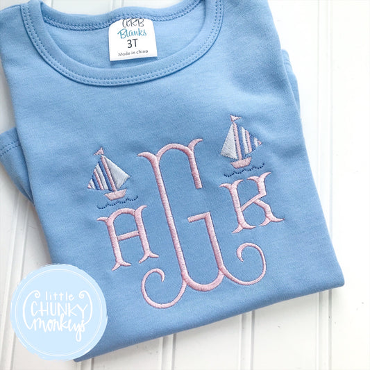 Girl  Shirt - Monogram Tee with Sailboats on Light Blue Shirt