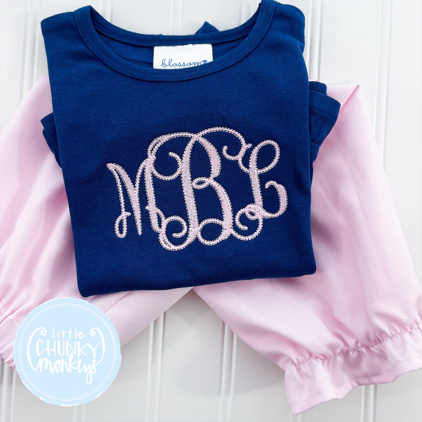 Girl Shirt - Pink Monogram on Navy Shirt