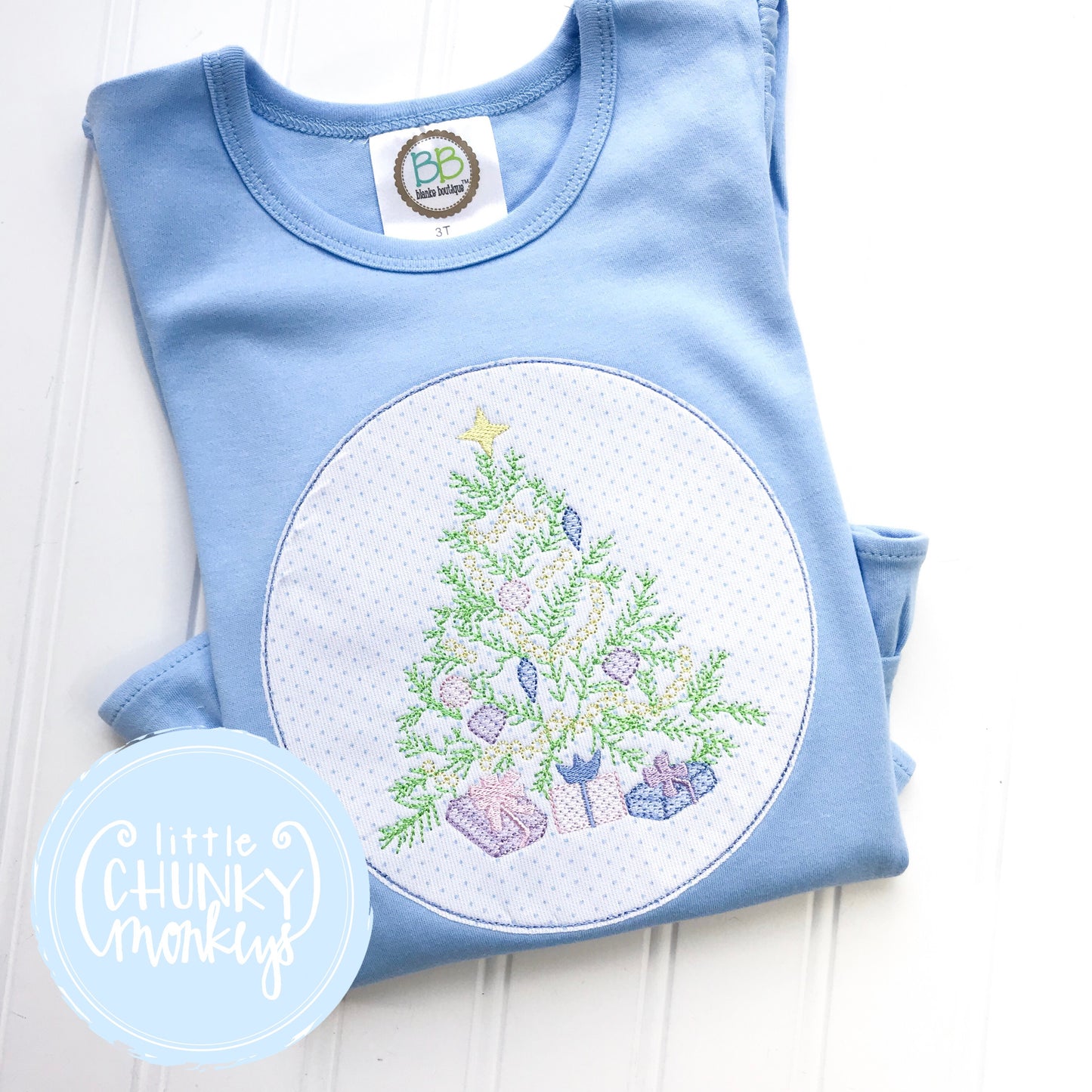 Girl Shirt- Girl Christmas Shirt - Vintage Christmas Tree with Circle Patch on Light Blue Shirt