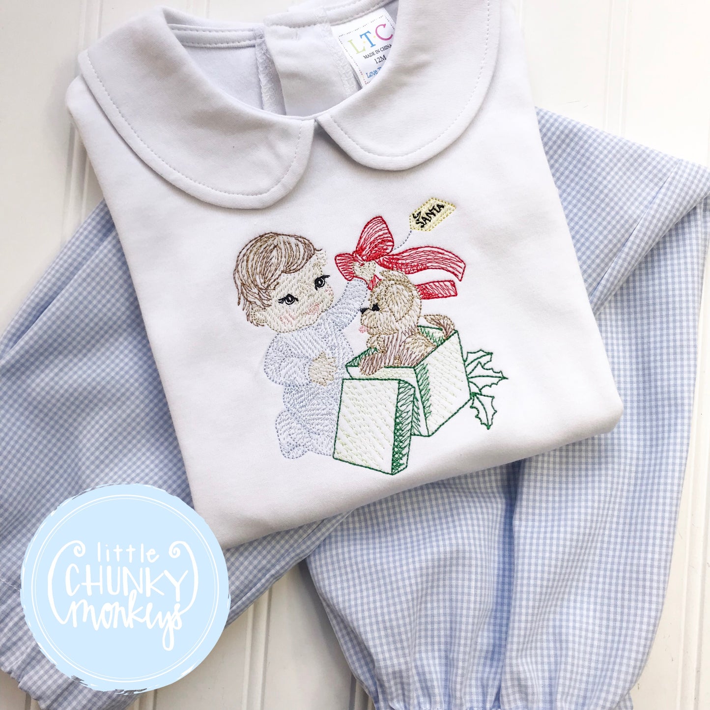 Boy Peter Pan Collar Shirt - Christmas Shirt - Puppy Surprise
