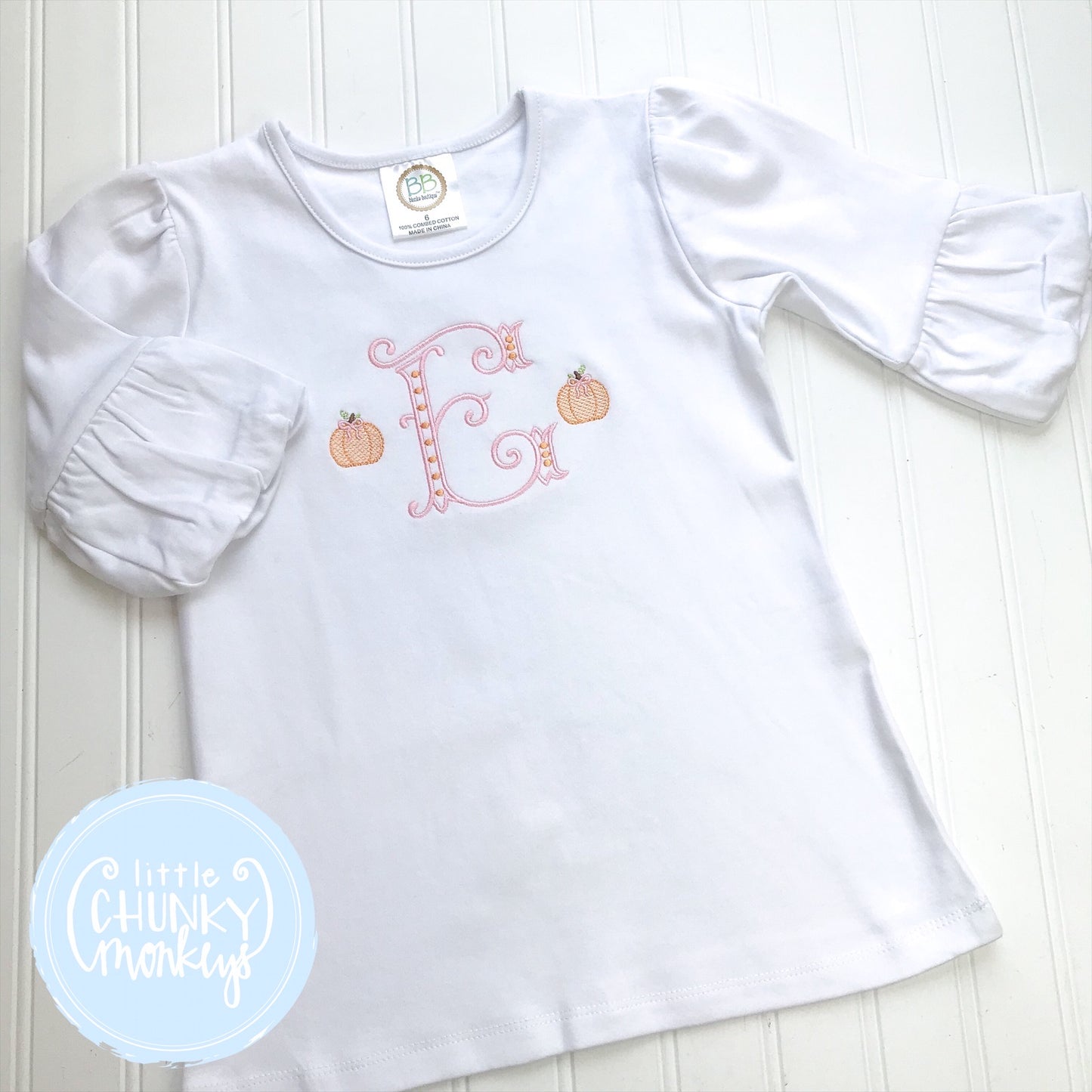 Girl Shirt- Stitched Single Initial with Mini Pumpkins on Each Side