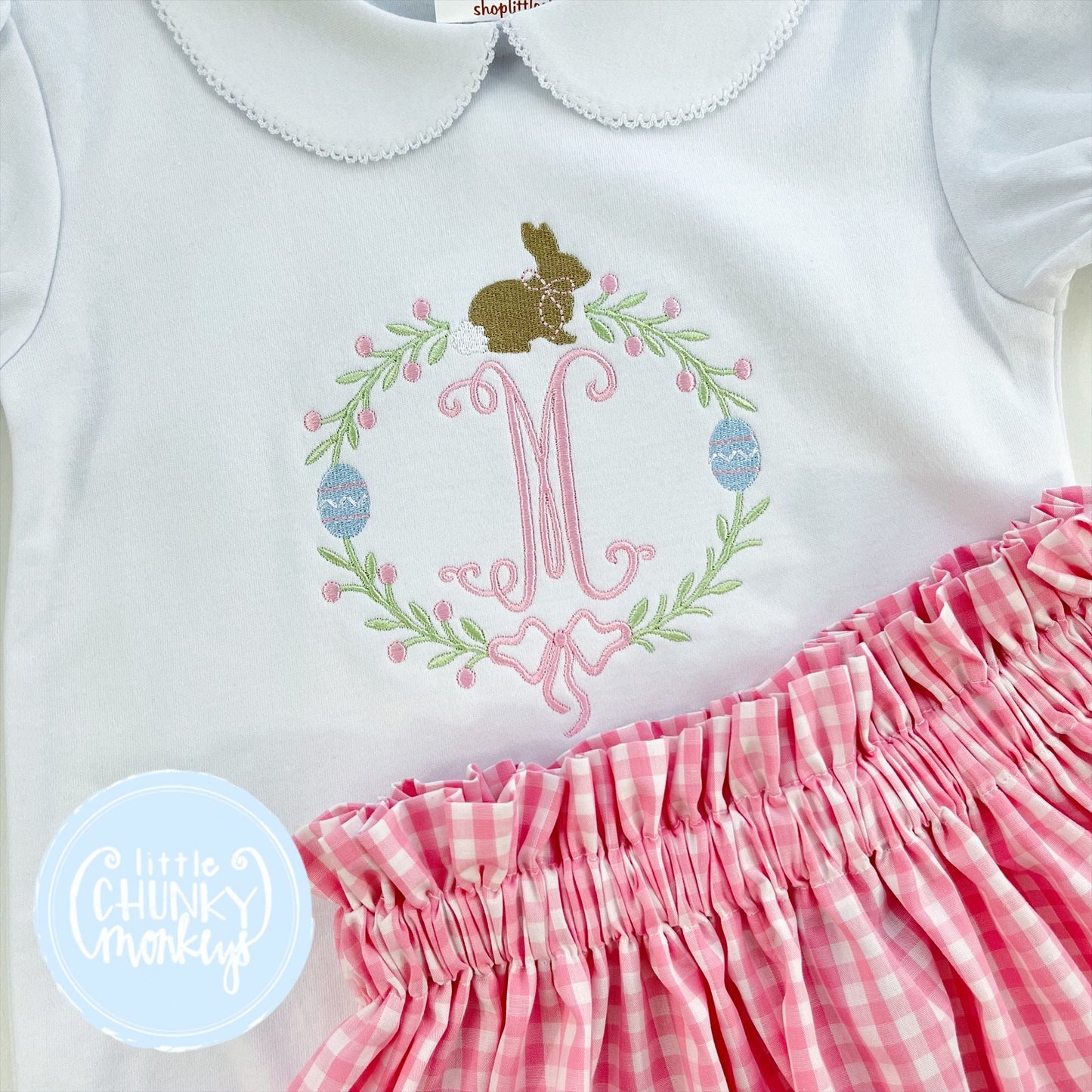 Girl Peter Pan Collar Short Sleeve Shirt - Bunny Monogram Wreath - 5T "M"