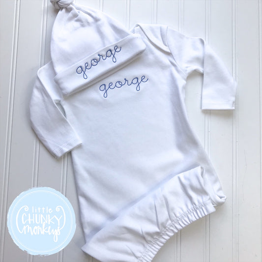 Baby Boy Gown and Cap - Bring Home Outfit - Personalized Newborn Gown and Cap White with Simple Stitch