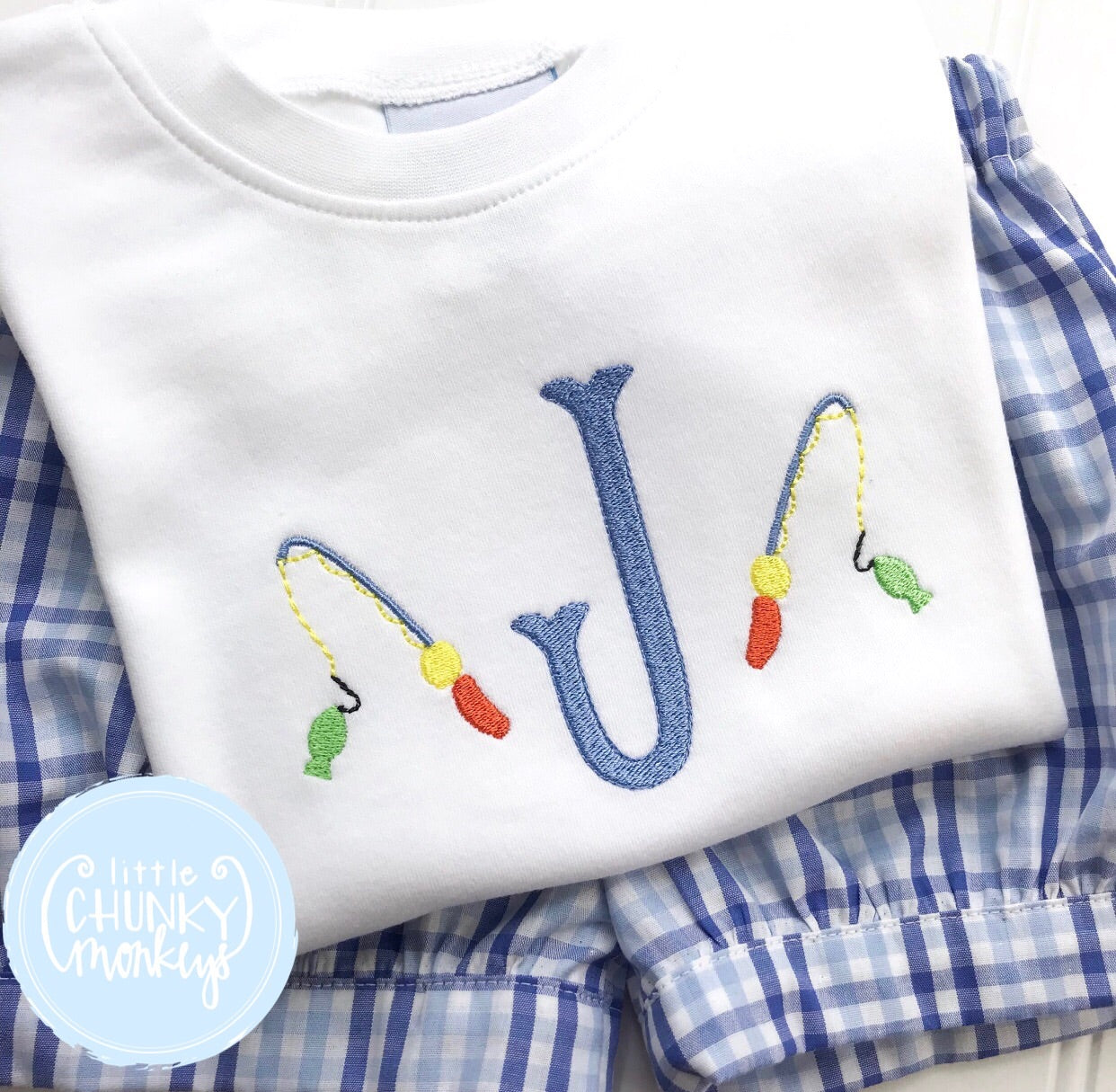 Boy Shirt - Single Initial with Fishing Poles on White Shirt
