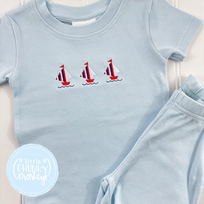 Light Blue Fitted Organic Cotton Pajamas - Sailboat Trio