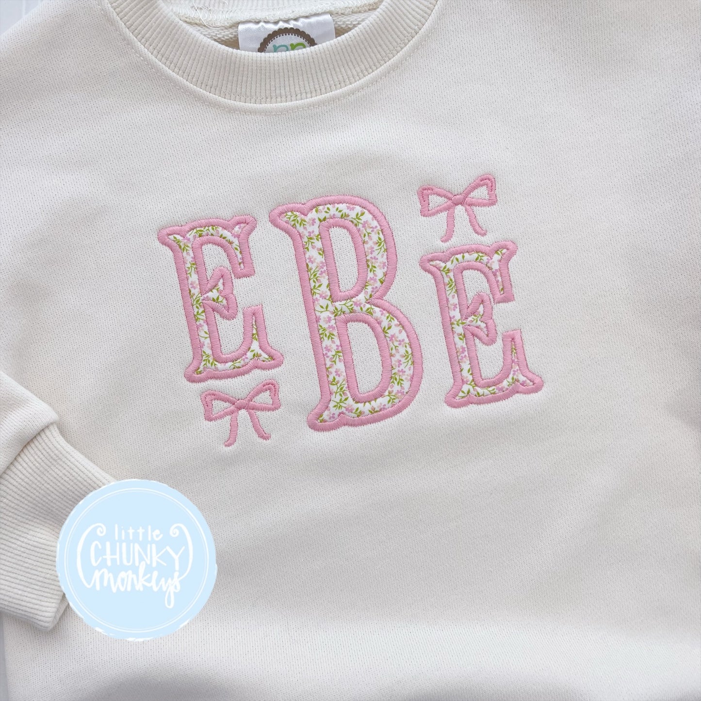 Cream Sweatshirt Bubble - Floral Applique Monogram with Bows