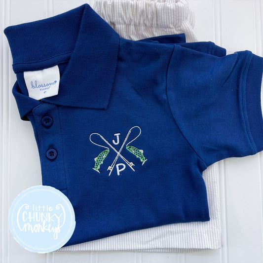 Boy Polo Shirt - Fishing Poles with Initial on Navy