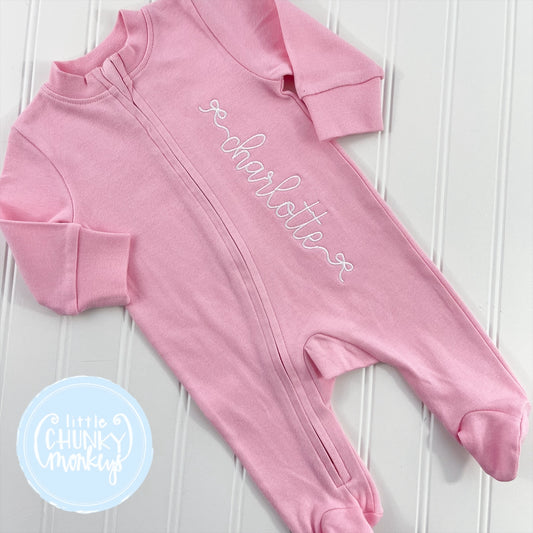 Light Pink Footed Romper - Bow Font